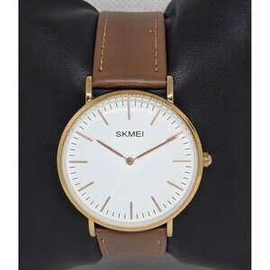 Mens Skmei Classic Dress Round Gold Tone Case White Dial Brown Strap Watch 13